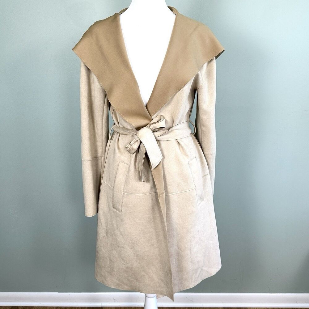 Zara Hooded Faux Suede Trench Coat Womens XS Beige Tan Classic Belted Preppy